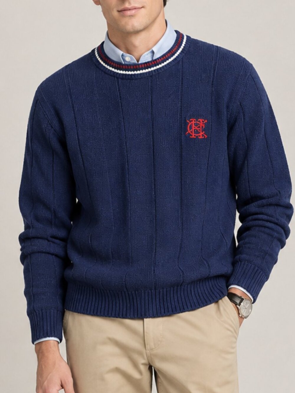 Hunt Club Blue Crewneck stripes logo sweater coastal preppy nautical winter ski